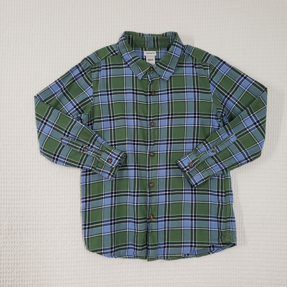 Carter's Button Down Boys 8 Green Blue Flannel Plaid Long Sleeve Preppy Classic